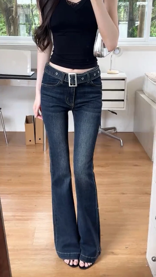 Fall New Style Retro Square Buckle Waist Belt mid Waist Flared Straight Leg Smoke Tube Flared Jeans Women Slim Fit Blue Jeans