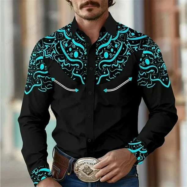 Camisa de manga longa estilo cowboy ocidental do vintage dos homens demin elegante impressão 3d camisa masculina moda havaiana camisa outwear blusa