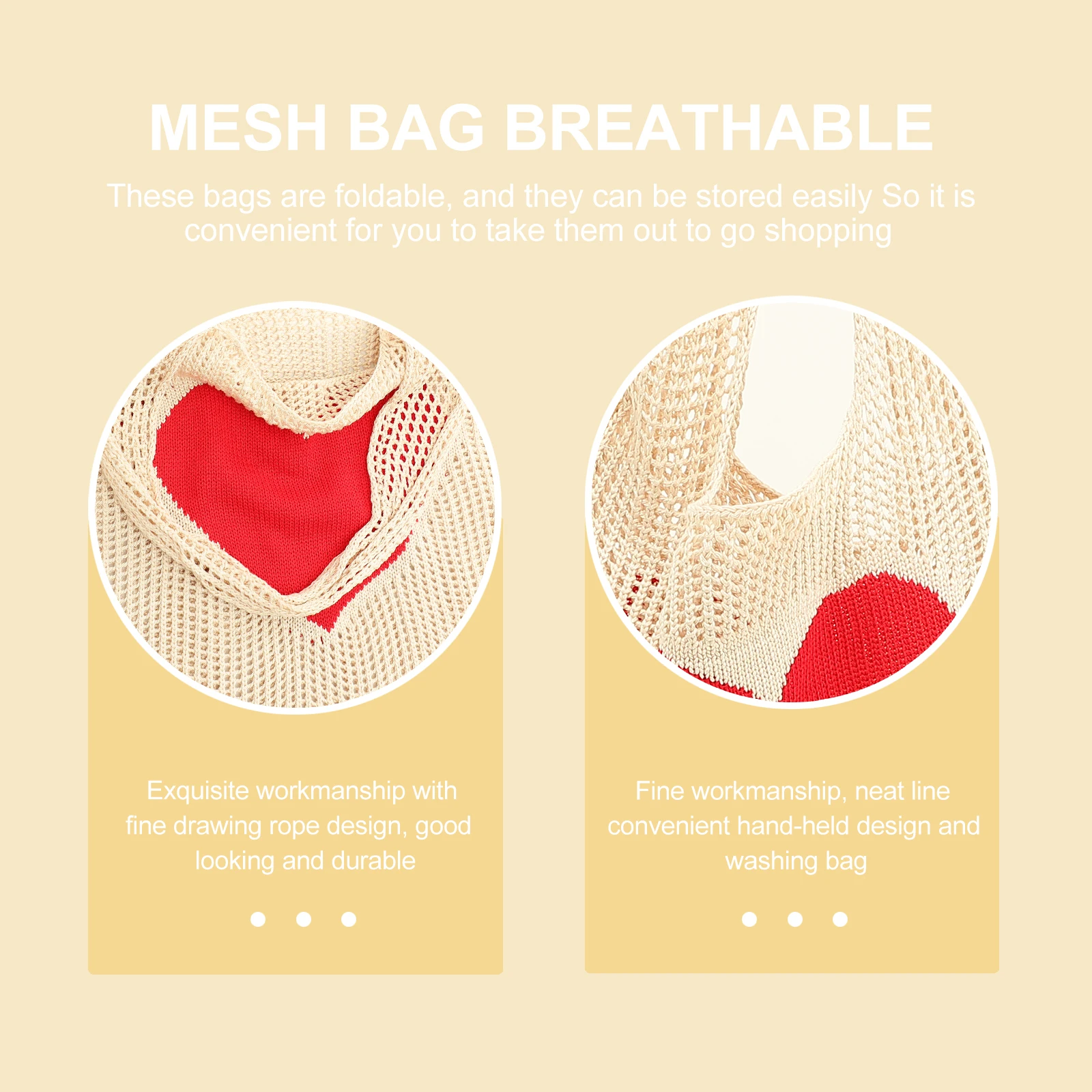 

Mesh Grocery Bag Heart Pattern Knit Tote Large Capacity Storage Bag Portable Lightweight Shopping Pouch for Everyday Use
