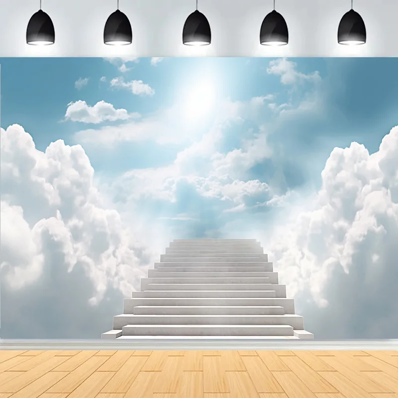 

Radiant Sun Rays Staircase Vivid Rainbow Blue Sky Photography Backdrops White Clouds Stairway Heaven Path Photo Background KY-07