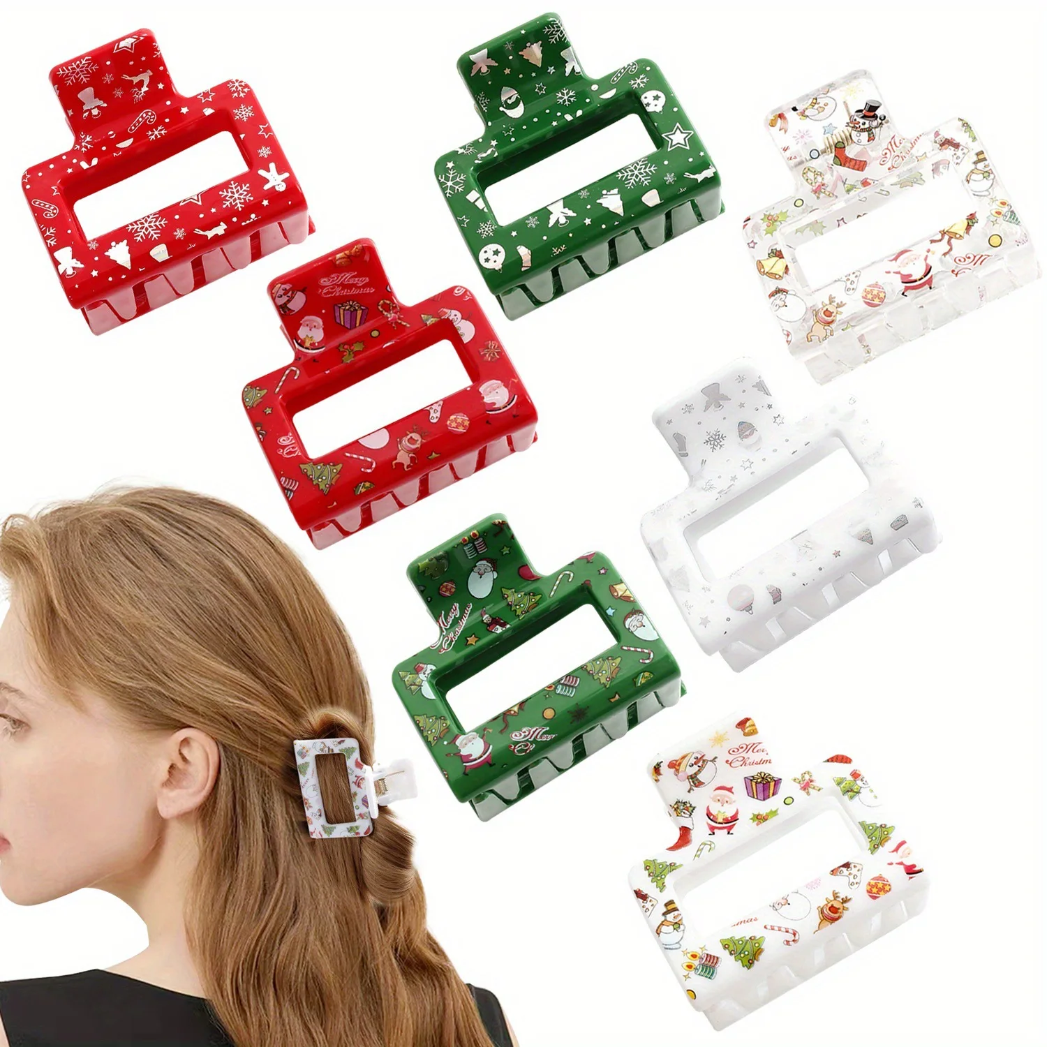 Christmas Hair Clip Cartoon Santa Claus Snowflake Red Green Geometric Hair Claws Party Hair Accessories for Women Girls