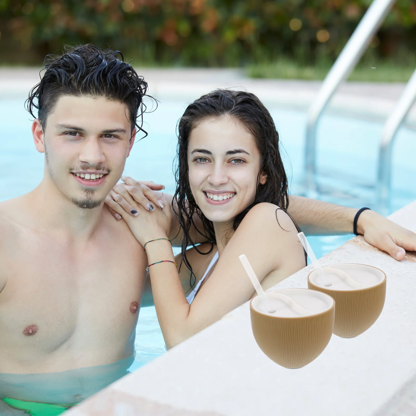 

2шт чашки в форме кокоса пластиковые многоразовые пляжные вечеринки украшения для гавайской вечеринки с соломинкой кокосовые чашки с соломинкой