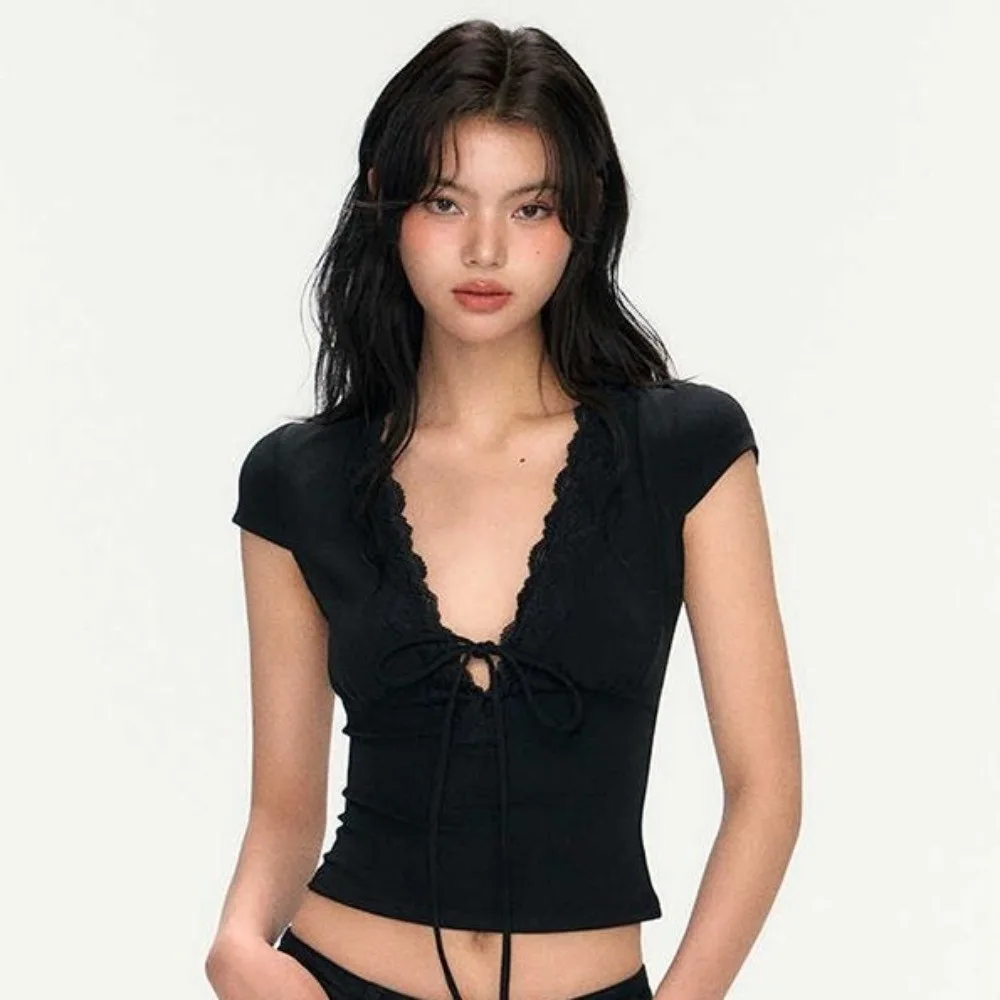 

Chic V Neck Slim Crop Tops Short Sleeve Sweet Bottoming T-shirt Elastic Lace Camisole Streetwear
