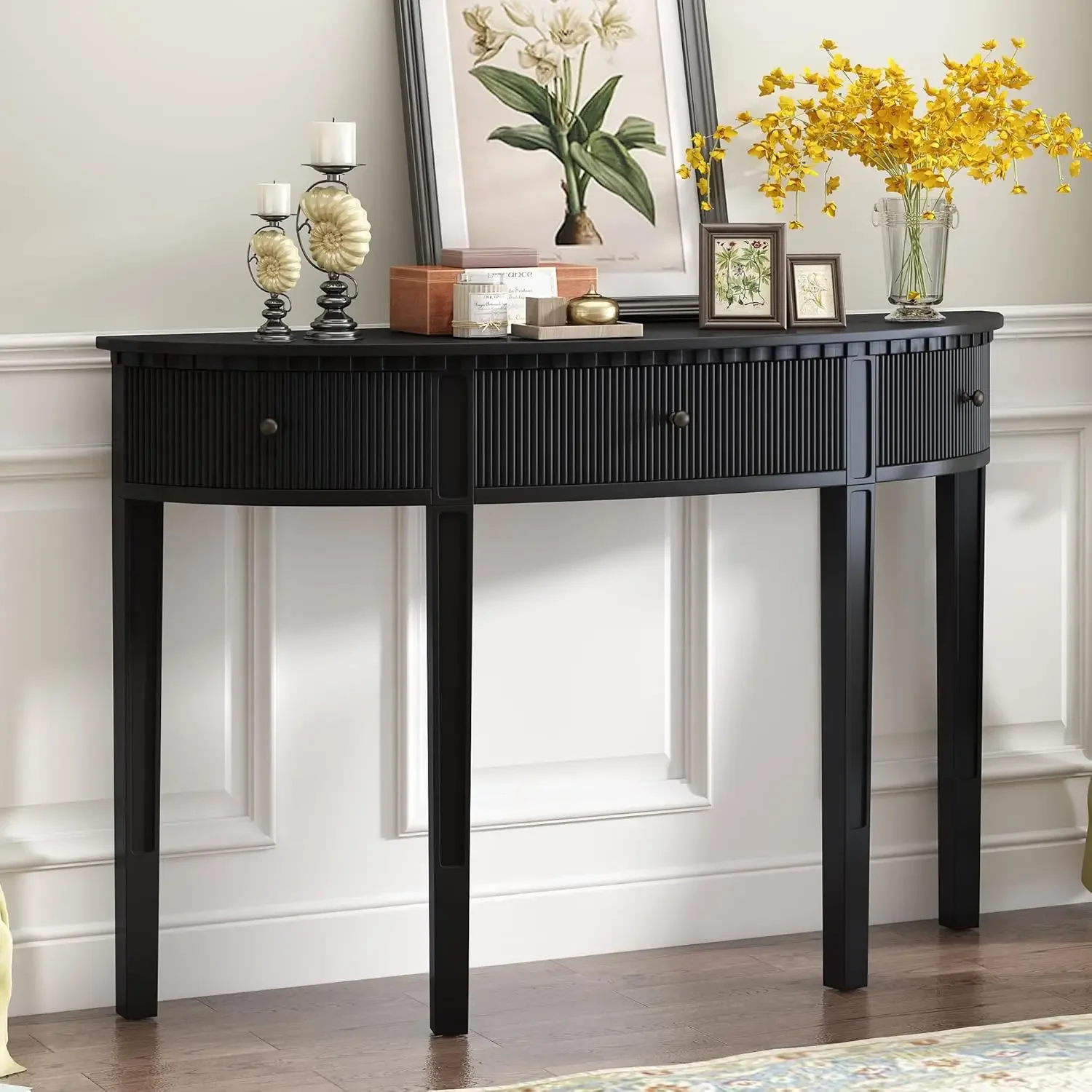 Modern Half-Moon Sofa Console Table with 3 Storage Drawers, Wooden Entryway Hallway Foyer Table