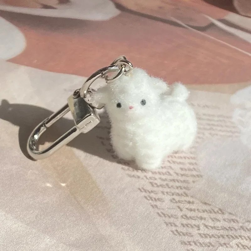 3D Cartoon White Alpaca Keychain Cute Flocked Animal Keyring Bag Pendant Backpack Charm Car Decor Jewelry Accessories Gift