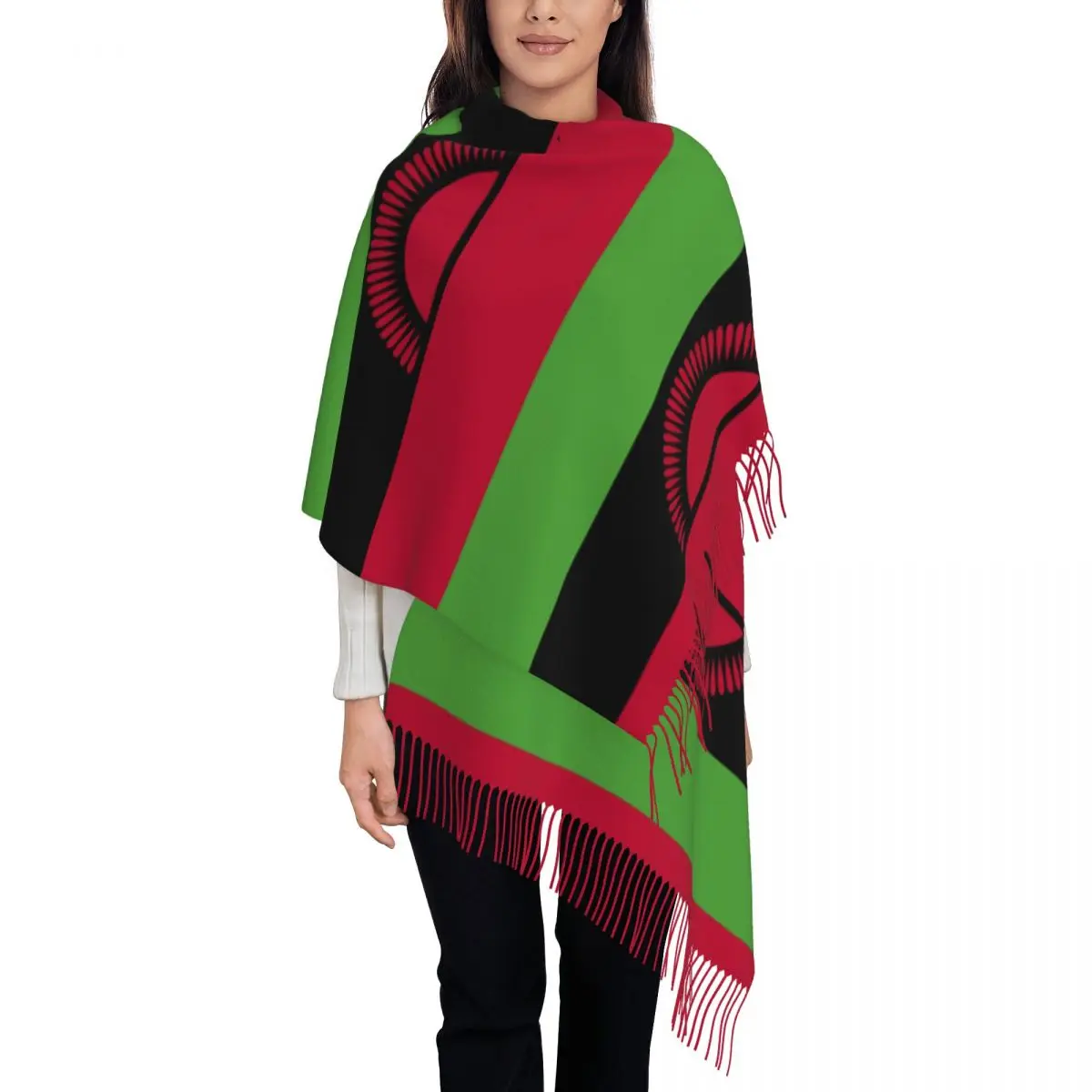 

Personalized Printed Malawi Flag Long Pile Fringe Men Scarf Women'S Anti Chill Scarf