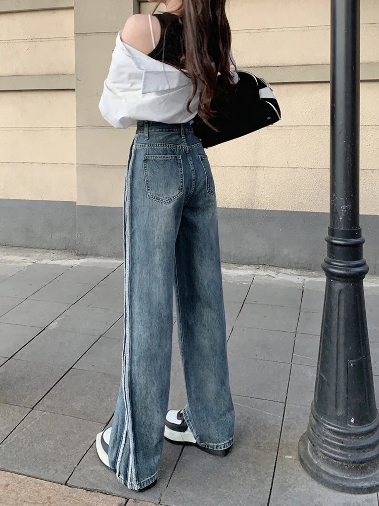 2023 Y2K Fashion Side Stripe Washed Blue Baggy Jeans Pants For Women Clothes Straight Lady Hip Hop Denim Trousers Pantalon Femme