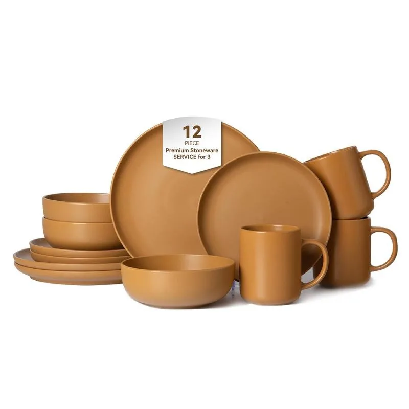 

12-Piece Stoneware Dinnerware Sets with Mugs | Microwave & Dishwasher Safe | Non-Toxic Dinner Plates Bowls Set | Stackable Matte Glaze Kitchenware for 3