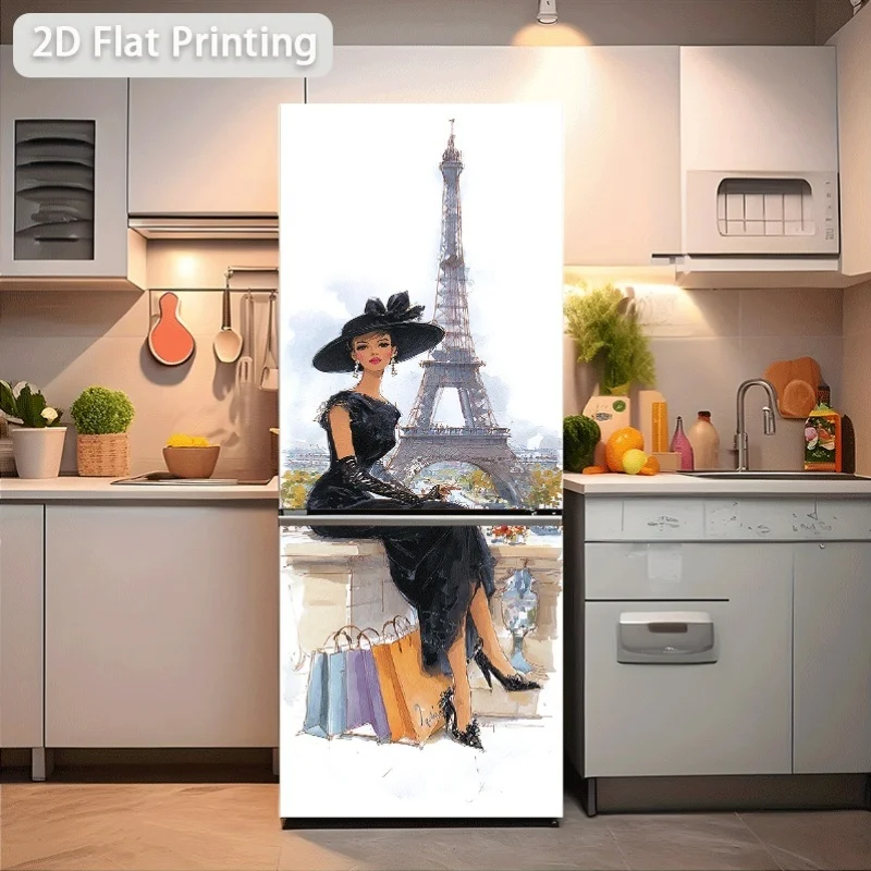 of Refrigerator Sticker Measuring Featuring a Parisian Fashion Woman And The Eiffel Tower, Self-Adhesive Wall Decor Suitable f