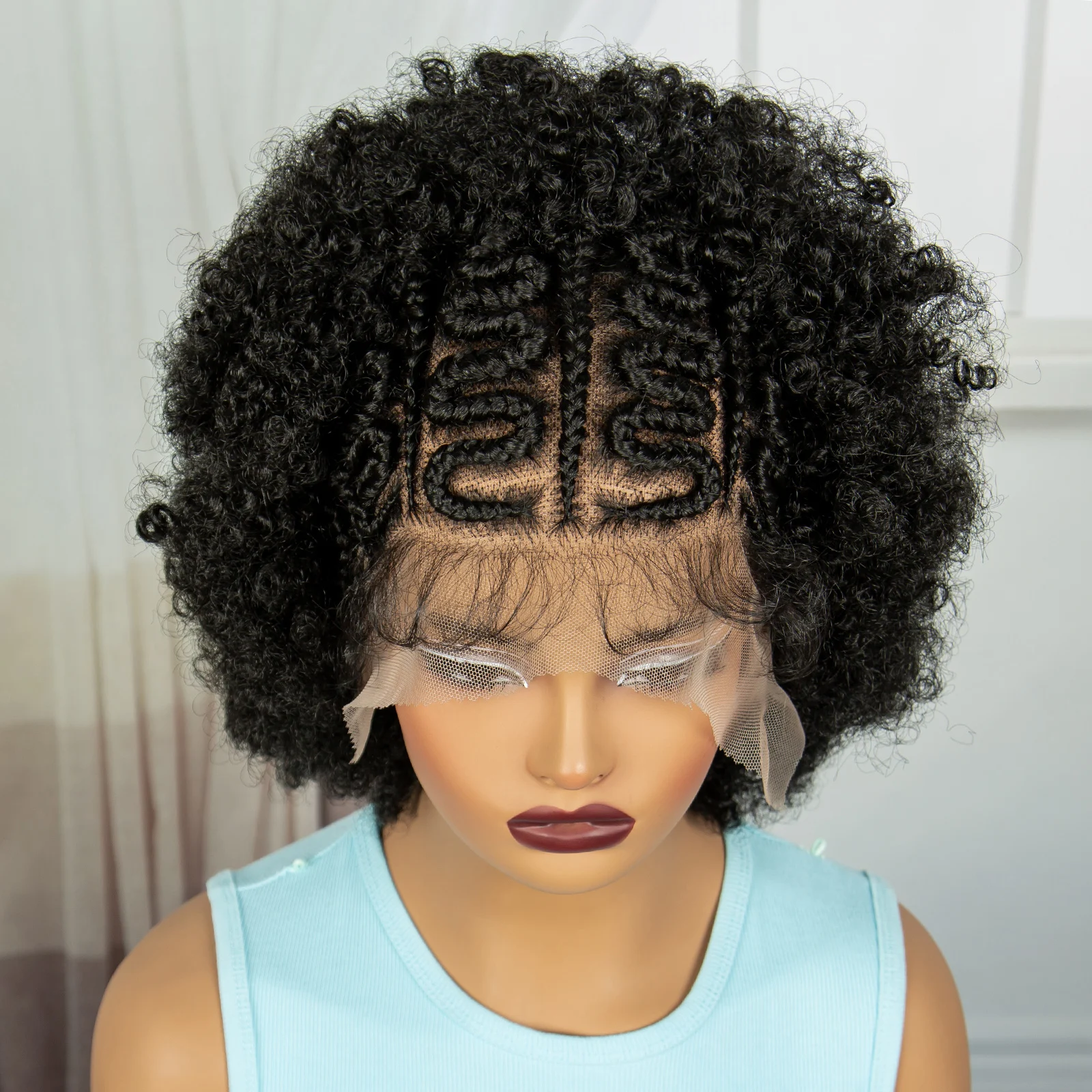 Afro Kinky Curly Braided Lace Wig Synthetic Cornrow Braided Wigs Transparent Full Lace Braids Wig With Baby Hair for Black Women