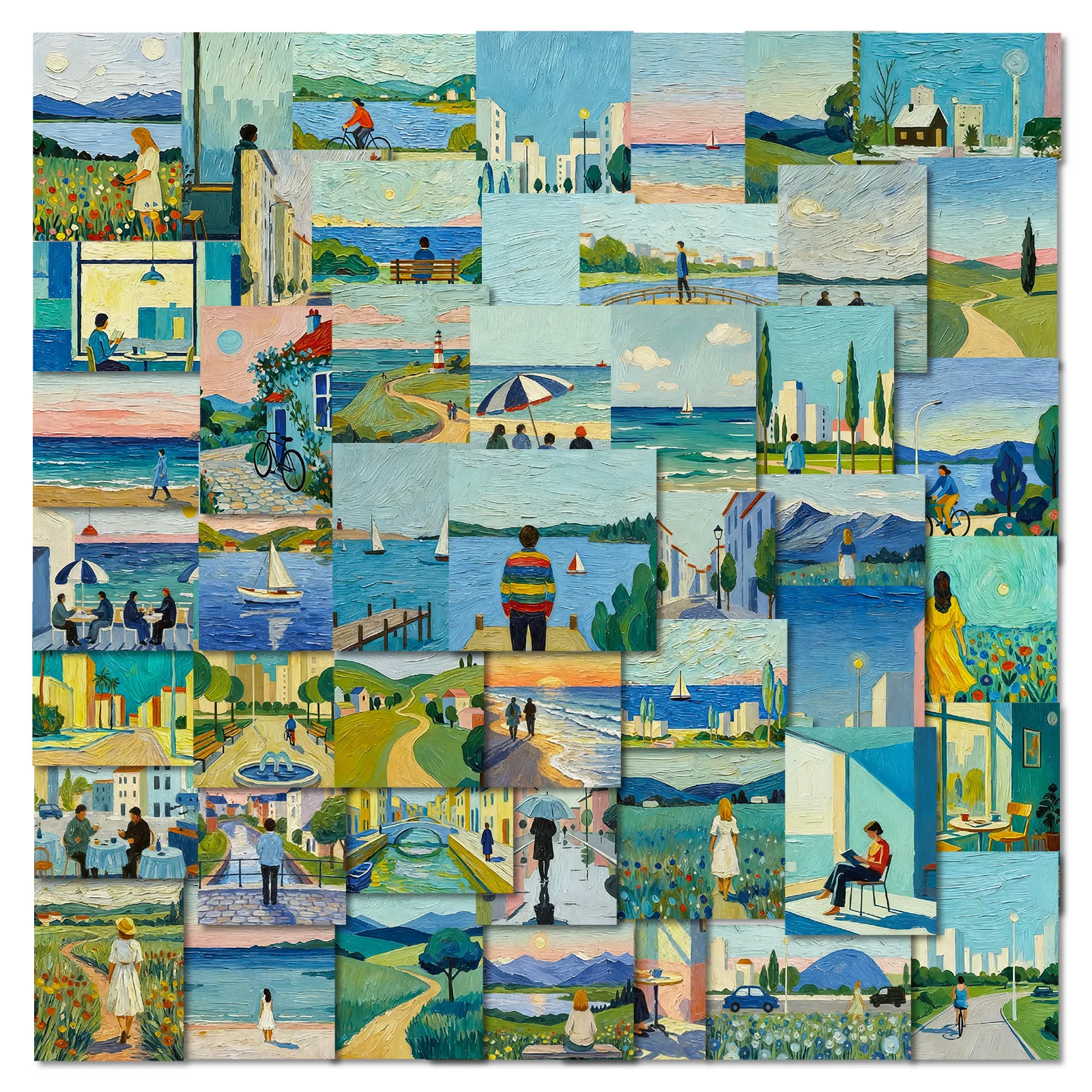 56/112 Pcs Square No White Border Nature Oil Painting Doodle Stickers for Suitcase Helmet Scrapbook Notebook File Holder