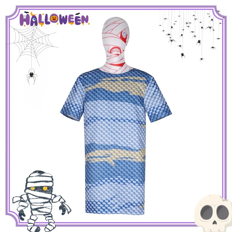 

Game Scary Captain Costume Cosplay Blue T-shirt Hood with Drawstring Headwear Role Play Outfit Halloween Carnival Party for Men