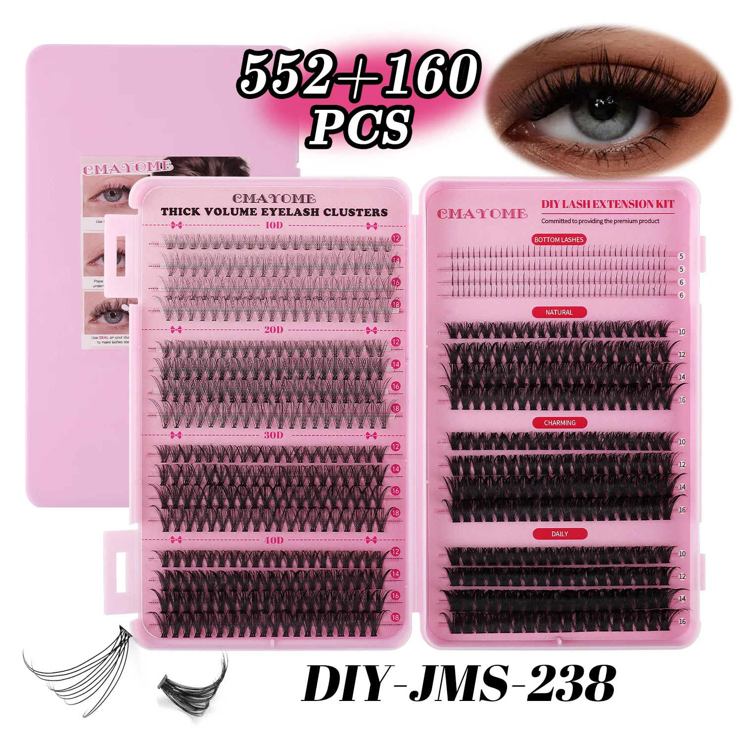 

640 Clusters D Curl DIY Lash Extension Kit 30D+40D+50D 9-16mm Natural Thick Lashes with Bond Tweezers for Beginners