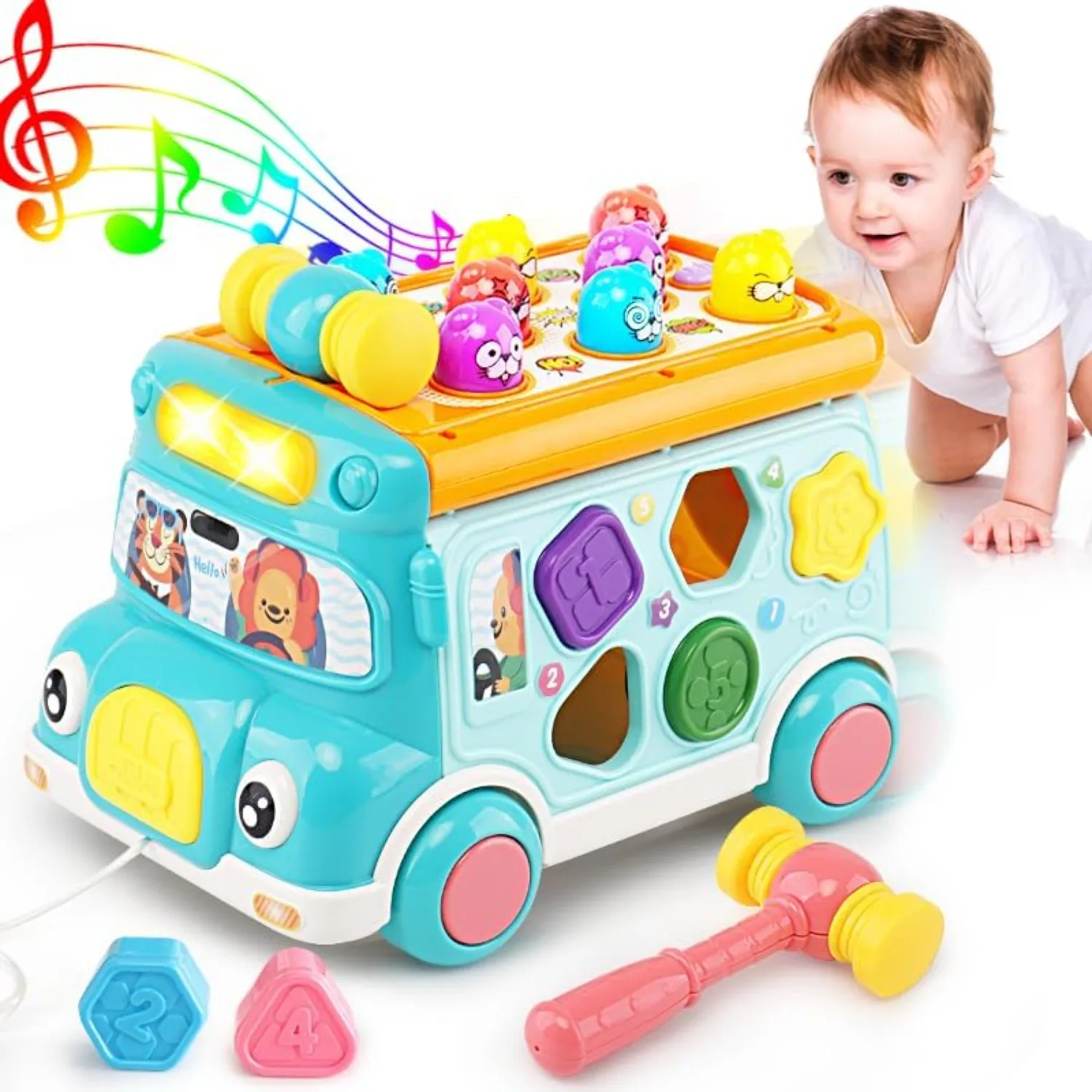 Music Activity Bus Baby Toy with Sound & Light  Shape Sorter Whack-a-Mole Toys Interactive Game Cartoon School Bus for Kids