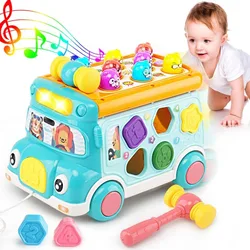 Music Activity Bus Baby Toy with Sound & Light  Shape Sorter Whack-a-Mole Toys Interactive Game Cartoon School Bus for Kids