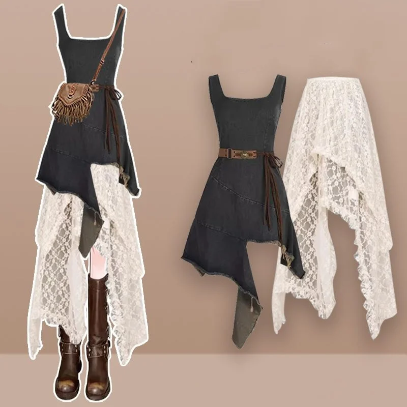 

Women Summer Fashion Bohemian Tank Denim Dress Mesh Skirts Two Piece Suits 2025 New Ethnic Asymmetrical Jeans Dresses Skirt Sets