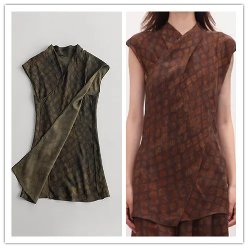 المرأة الخامس الرقبة 100% كوبرو تي شيرت ريترو منقوشة طباعة أكمام الربط وهمية قطعتين مقلاع قليلا الخصر المحملة الأعلى لسيدة