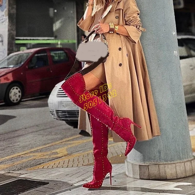 Red Pointed Toe Studded Thigh High Boots Over The Knee Stiletto Thin High Heel Fashion 2024 Winter Autumn Women Dress Shoes