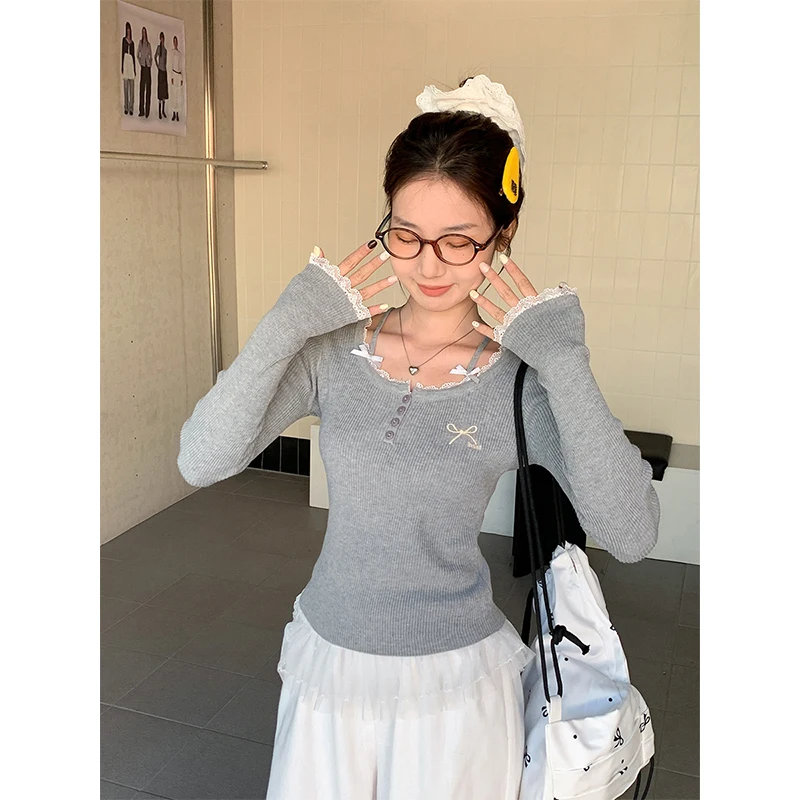 

Женские топы с кружевным подолом, тонкие вязаные футболки с длинными рукавами, женские укороченные футболки с квадратным воротником и бантом, универсальные