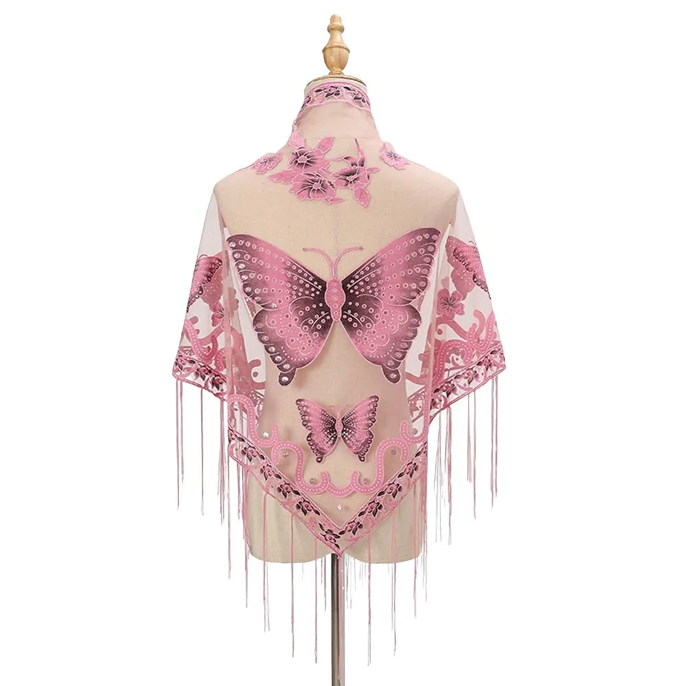 

Embroidery Tassel Triangle Scarf Thin Sun Protection Silk Scarf Headscarf Shiny Sunscreen Raglan Sleeve