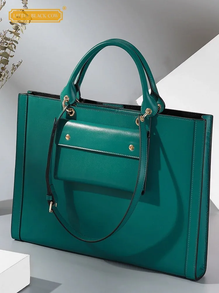

New Office Ladies Work Large Capacity Briefcase Women Cowhide Genuine Leather Strap Shoulder Bag Pouch Business Totes Handbag