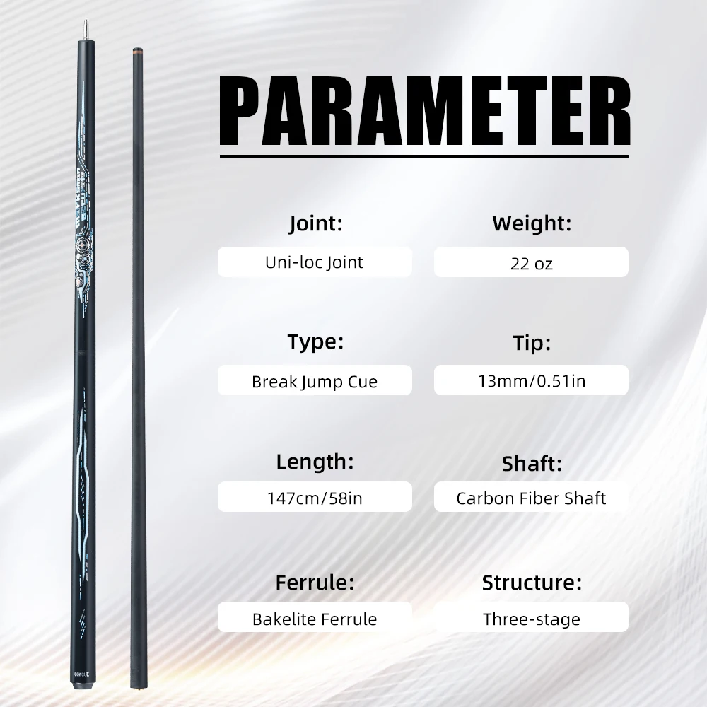 Cowcue Break Jump Cue Stick Carbon Fiber Black Technology Low Deflection 12.5mm Tip 3 * 8/8 Joint Pin 1/2 Billiard Cues