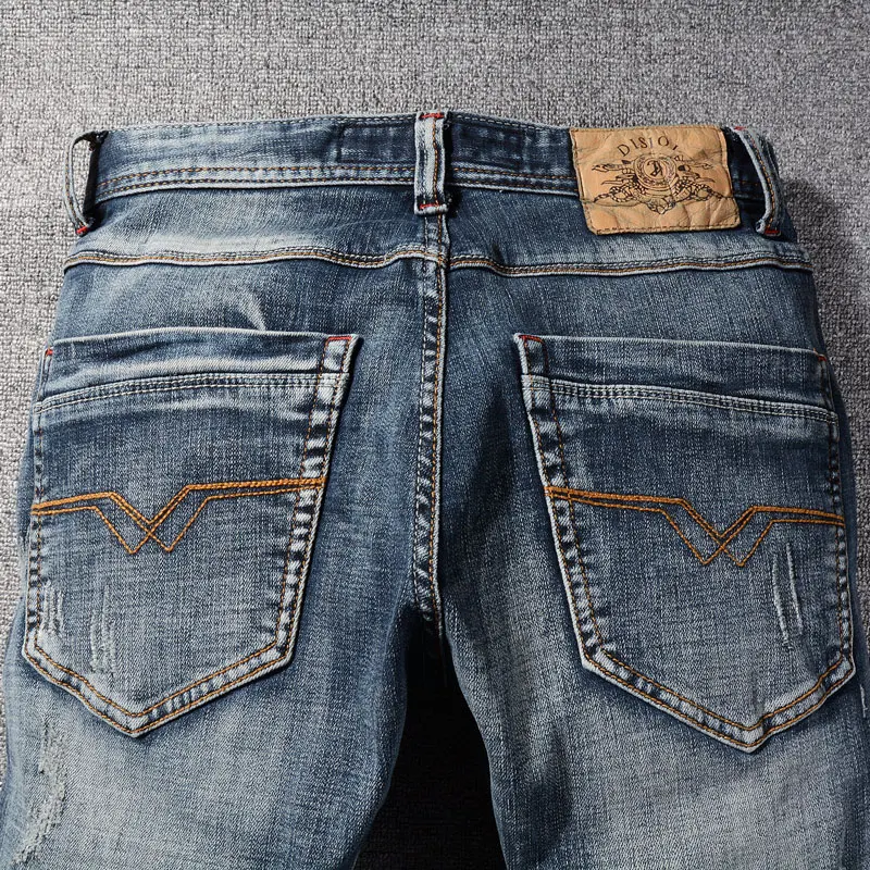Fashion Vintage Men Jeans High Quality Retro  Blue Stretch Slim Fit Ripped Jeans Men Casual Designer Denim Pants Hombre
