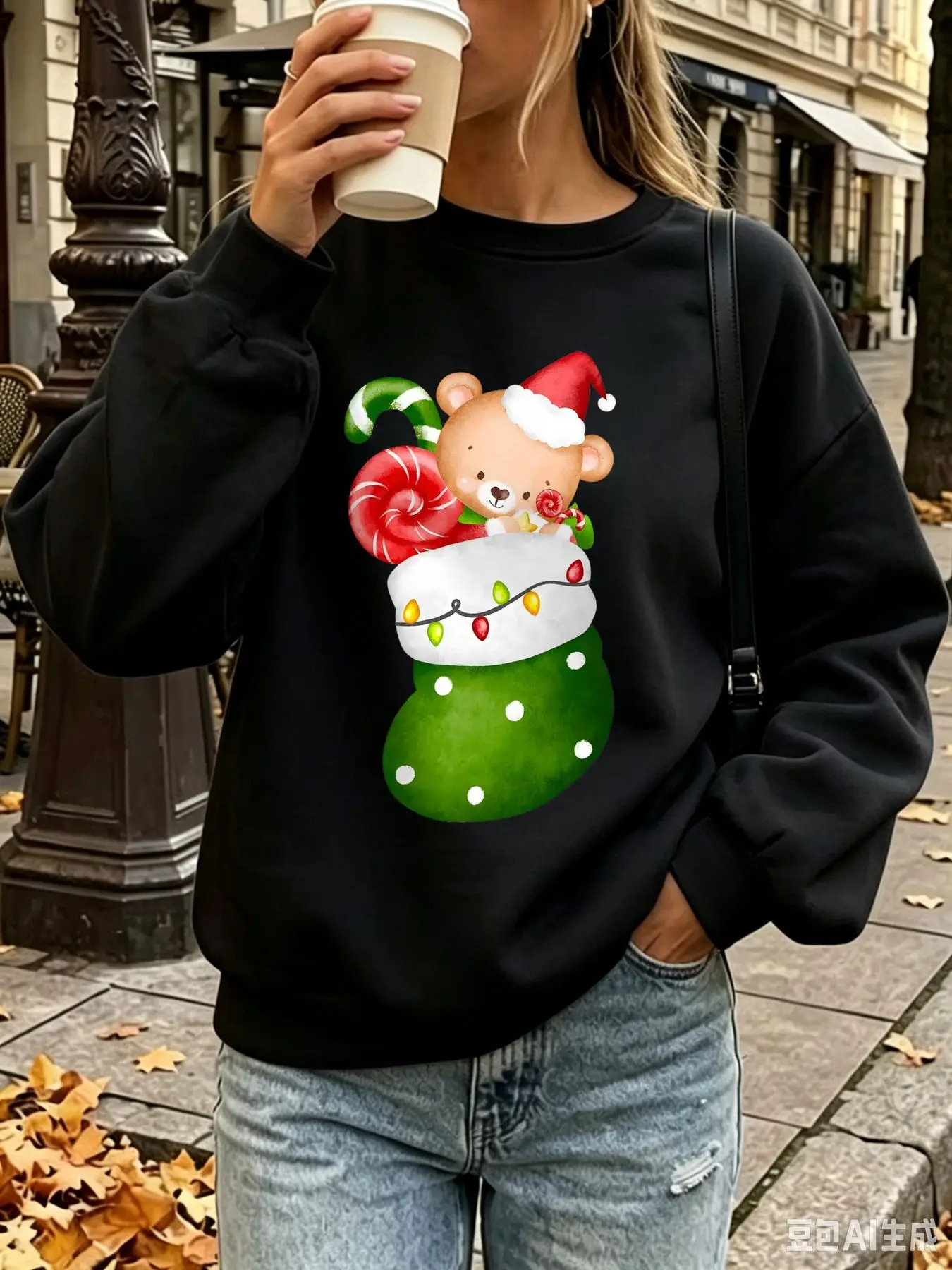 Women Watercolor Cute Bear Christmas Stocking Graphic Crewneck Sweatshirt Oversized Long Sleeve Fleece Pullover Candy Cane Xmas Light Print Winter Holiday Streetwear Tops