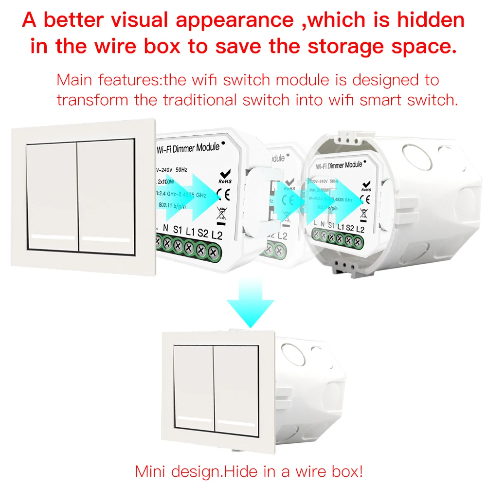 Tuya LED Dimmer Module Switch DIY WiFi Smart 1/2 Way Light Smart Life/Tuya APP Remote Control Work with Alexa Google Home