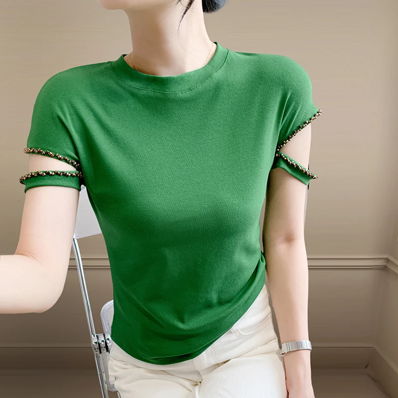 

2025, новинка, лето, европейский, одежда, хлопок, футболка, женская, мода, сексуальный, с круглым вырезом, блестящий, бисер, топы, короткий рукав, полые, футболки, 54059