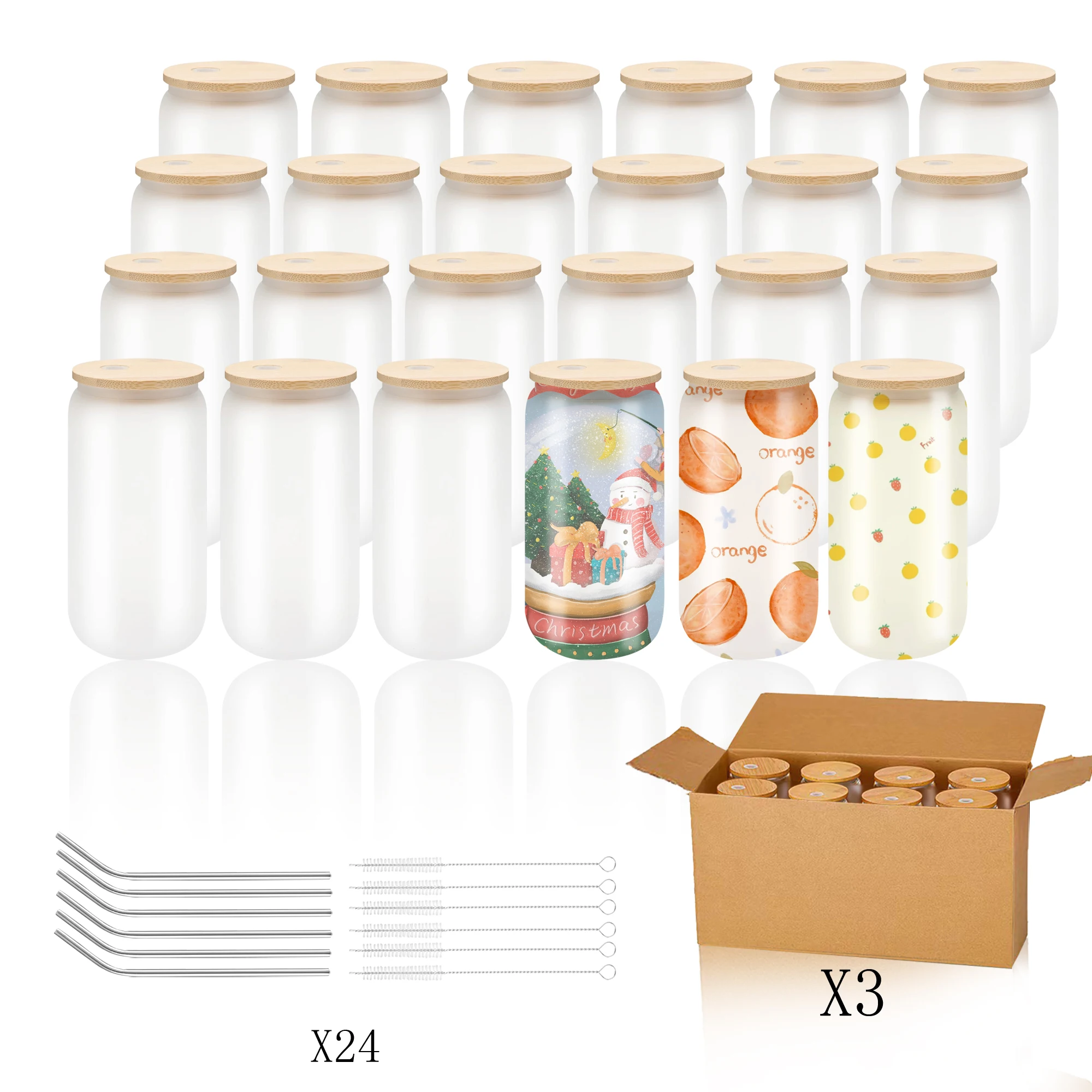 US Warehouse 24Pack Sublimation Glass Tumbler  Blanks  Cans Frosted   with Bamboo Lids and Straws Drinking Jars for Juice DIY