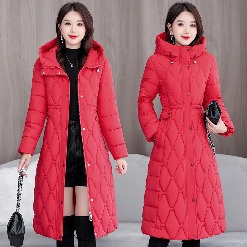 Hooded Oversize Parkas Coats Women Mid Length Jackets Diamond Quilt Zipper Pocket Waist Cinched Office Lady Casual 2025 Winter