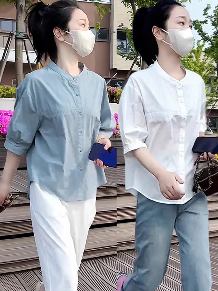 

Легкая повседневная женская рубашка свободного кроя с круглым вырезом и коротким рукавом, летняя новинка, с пуговицами, стандартной длины