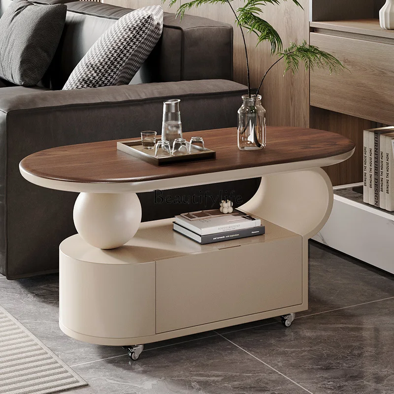 

03.Small apartment living room oval coffee table trolley light luxury high sense removable sofa side few home medium and ancient