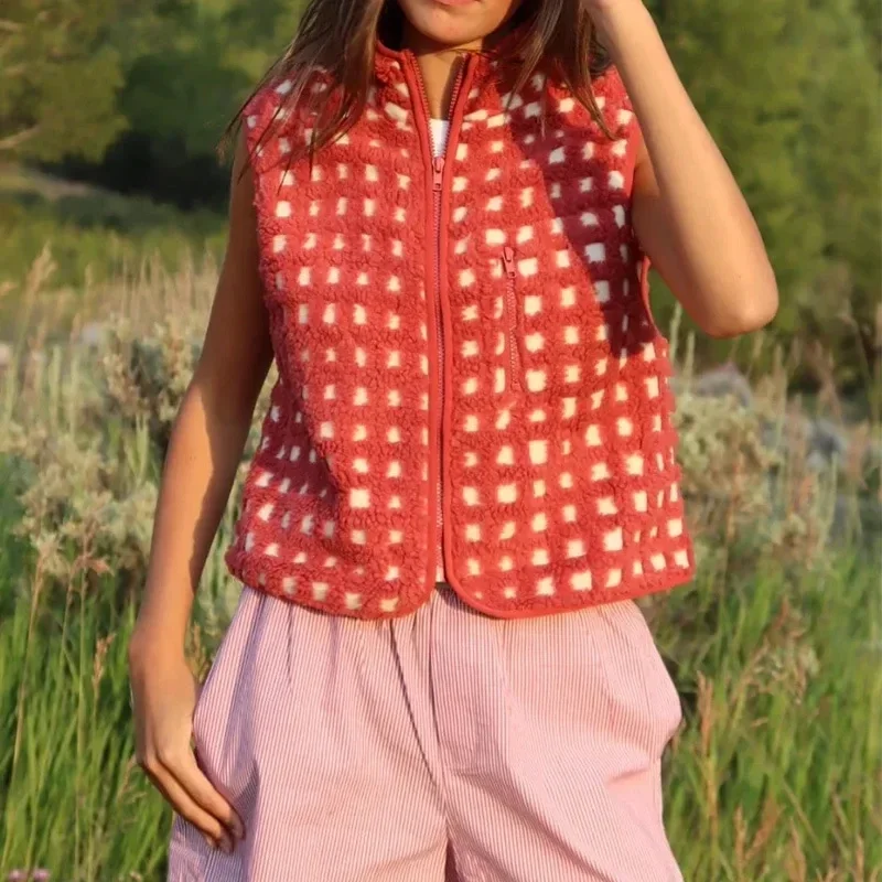 Women Polar Fleece Vest Casual Sleeveless Stand Collar Zipper Red Plaid Quilted Waistcoat