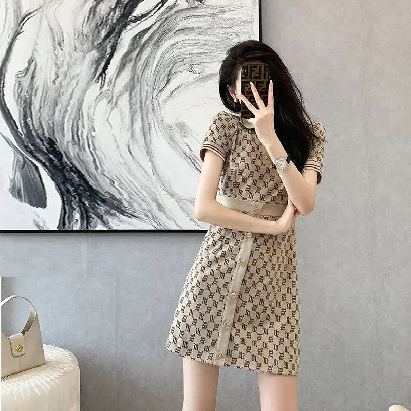 Khaki Dresses for Women 2024 Short Mini Woman Dress Clothes Printing Cotton Korean Style Fashion New Features of Luxury Xxl Sale