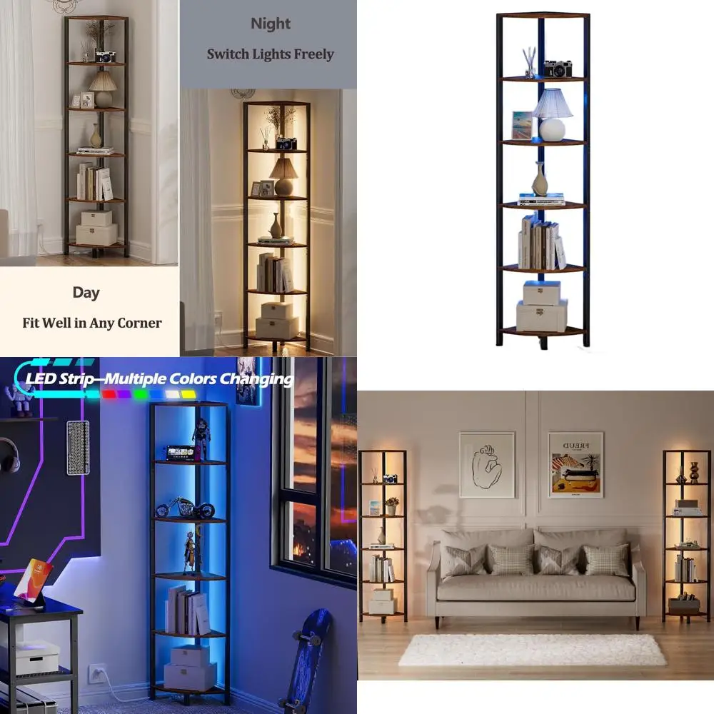 

6-Tier LED Lighted Standing Shelf Organizer, 67.5 Tall, Narrow Storage Rack for Living Room, Bedroom, Metal and Wood Display She