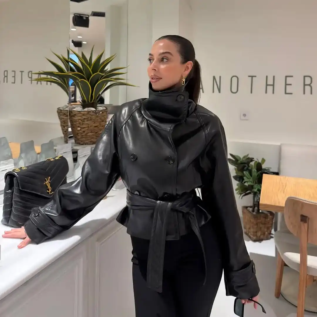 여성 레트로 터틀넥 가죽 재킷 패션 라펠 더블 브레스티드 루즈핏 벨트 아우터웨어 여성 가을 데일리 스트리트 코트