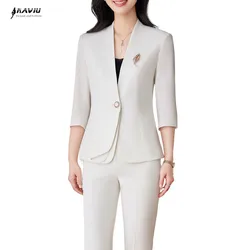 NAVIU Half Sleeve Elegant Women Business Suits Spring Summer Formal Uniform Design Pants Suits Professional Blazer Trousers Sets