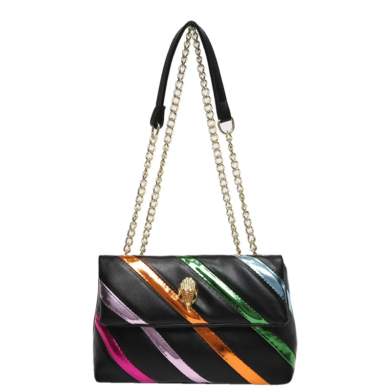 2024 New Summer Women\'s Bag with Colorful Strip Chain Bag, Simple and Fashionable One-shoulder Cross-body Eagle Head Bag