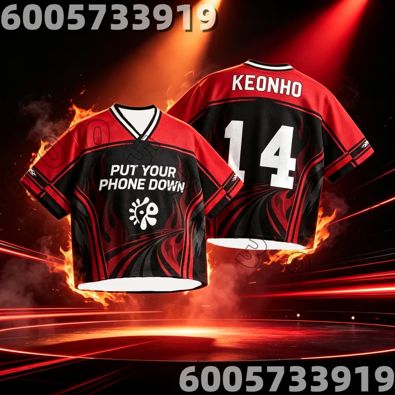 2026 Football Jersey for Kpop Fans, Moisture Wicking Red Flame Keonho 14 Number Sports T-Shirt Idol Concert Top Family Kids Tees