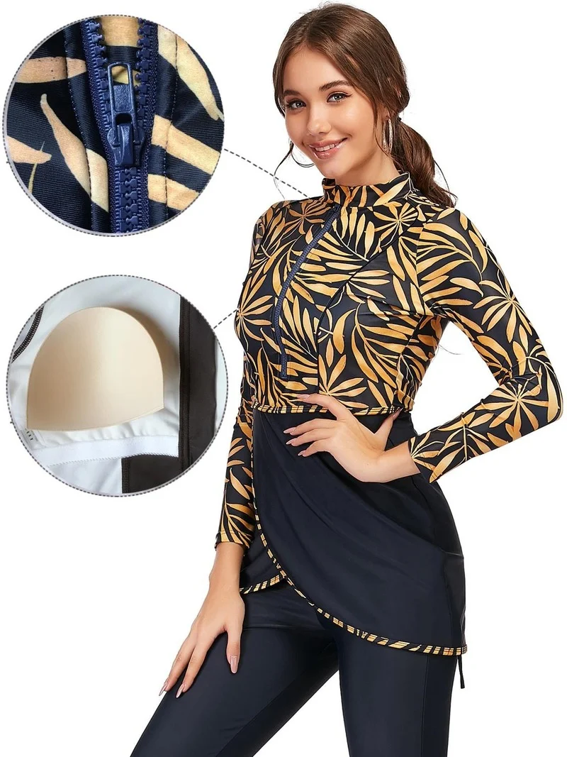 3 peça maiô muçulmano swimwears feminino impresso liso retalhos hijab mangas compridas esportes islâmico burkinis wear 2022 nova mulher
