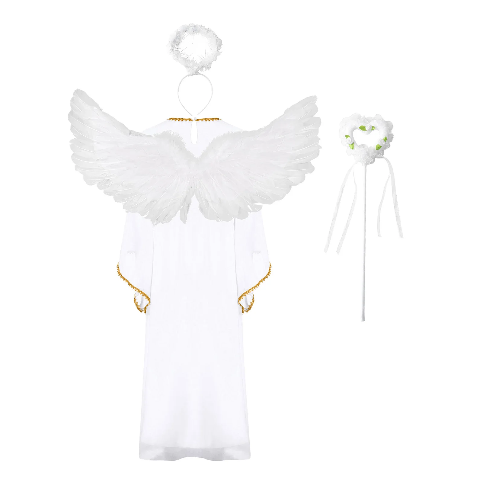 Kids Girls Angel Dress Up Costume Set Sequins Robe Flare Sleeve Long Dress Feather Headband And Fairy Sticks Feather Angel Wings