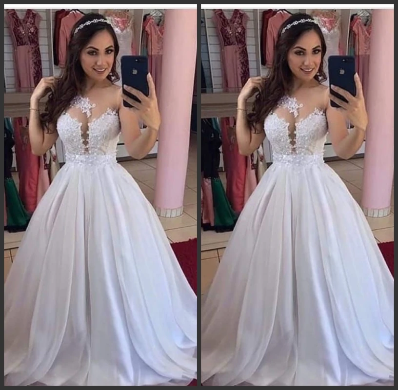 Vestidos de novia de dos piezas, cola desmontable, ilusión de encaje, 2 en 1, con perlas