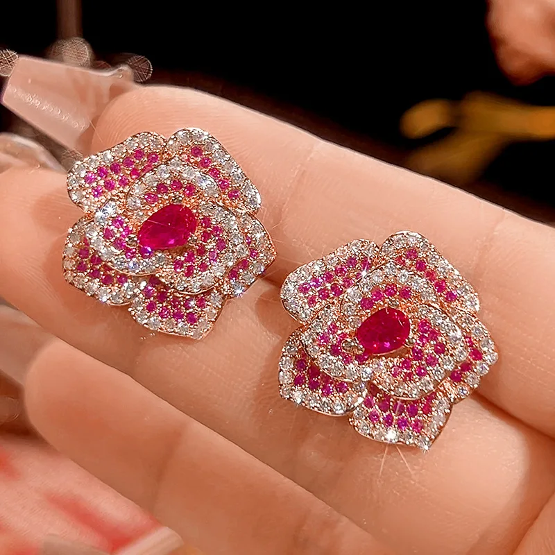 Dazzling Pink Sapphire Full Diamond Halo Flower Ear Stud/Ring/Necklace Micro-setting Gems Party Wedding Women Jewelry Set Gifts
