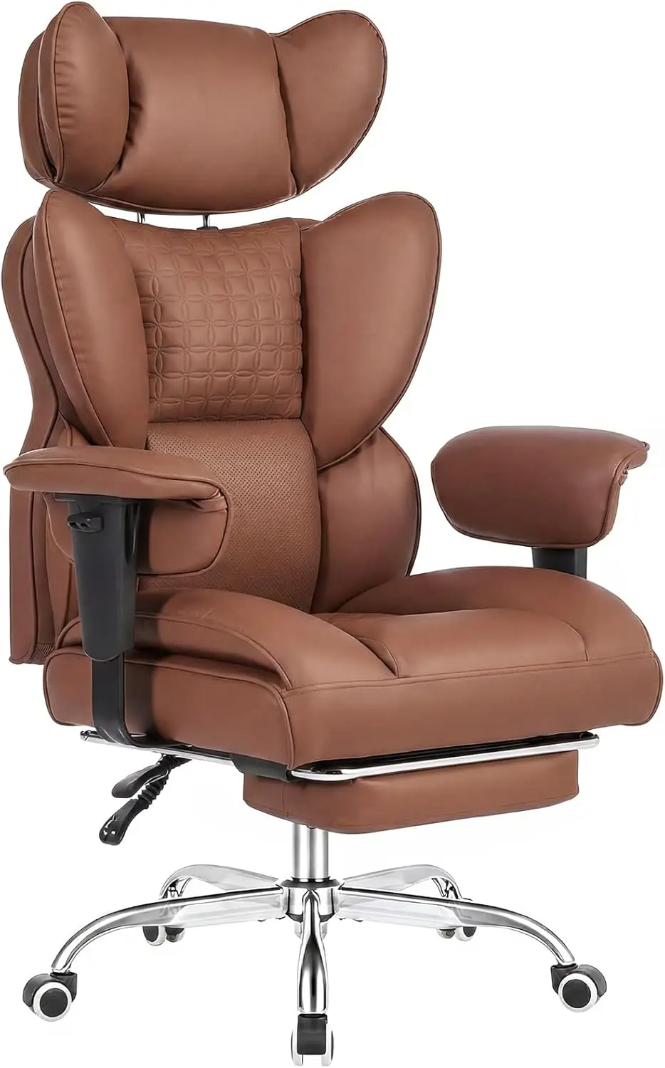 Chaise de bureau à domicile grande et haute, chaise d'ordinateur de jeu avec repose-pieds, dossier haut inclinable, en cuir PU, marron