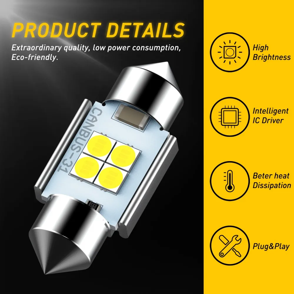 AUXITO 31mm 36mm 41mm LED Bulb C5W C10W Festoon LED Canbus 12V 6000K White Car Interior Dome Reading Lights License Plate Lamp