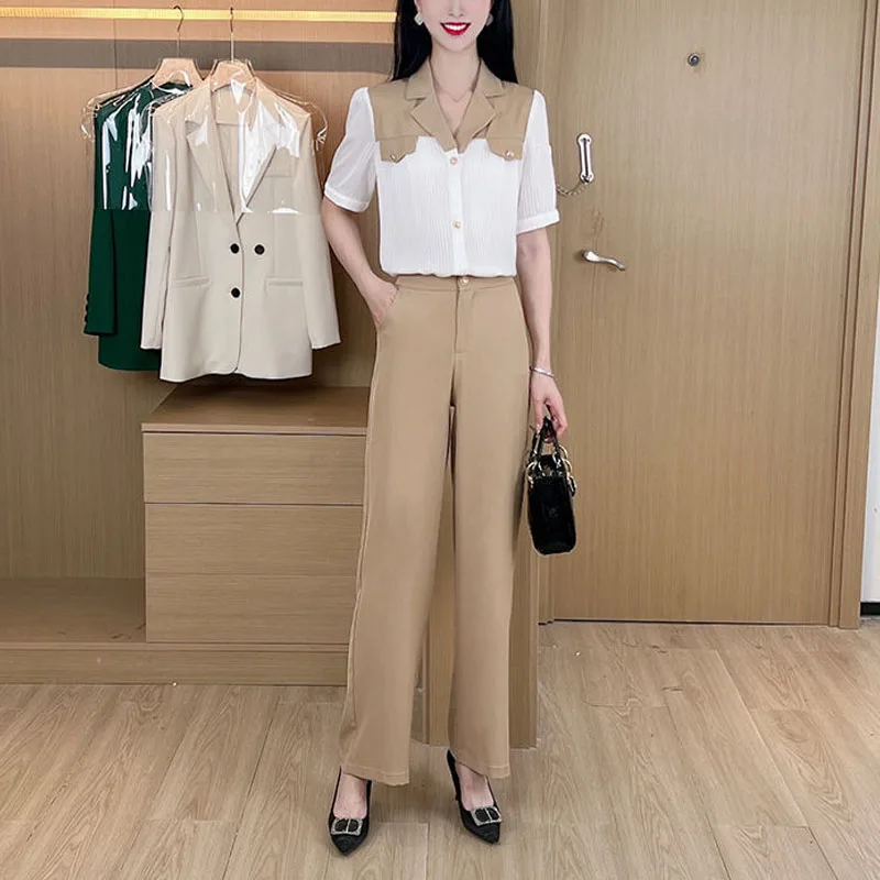 Elegant Fashion Color Matching Short Sleeve Shirt Two Piece Sets Summer New Office Lady Commuter High Waist Wide Leg Pants Set