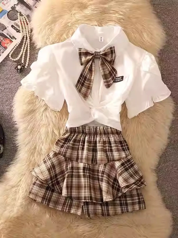 

Preppy Style Matching Sets Puff Sleeve Bow Irregular Crop Top+ruffles Patchwork Plaid High Waist Shorts Skirt New Women Clothing