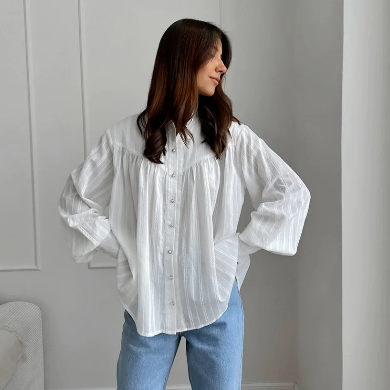 Primavera manga bolha camisa branca blusa feminina simplicidade francesa em torno do pescoço mangas compridas baggy topos design chique camisa vintage